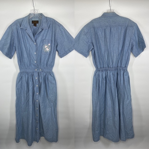 Vintage Eddie Bauer Cottagecore Denim Floral Button Front Short Sleeve Dress - Picture 1 of 10